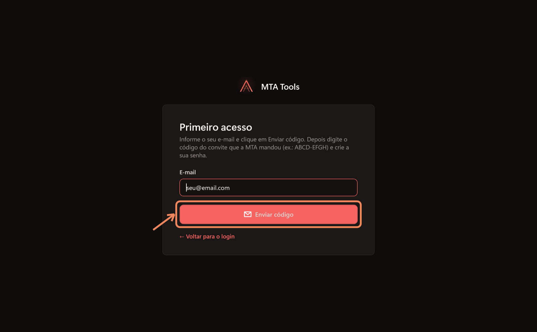 E-mail e Enviar código