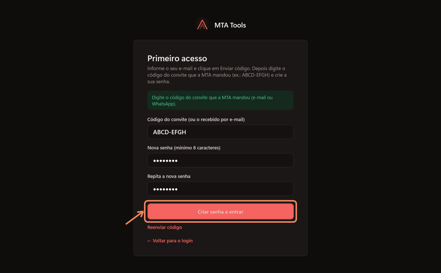 Código do convite e senha